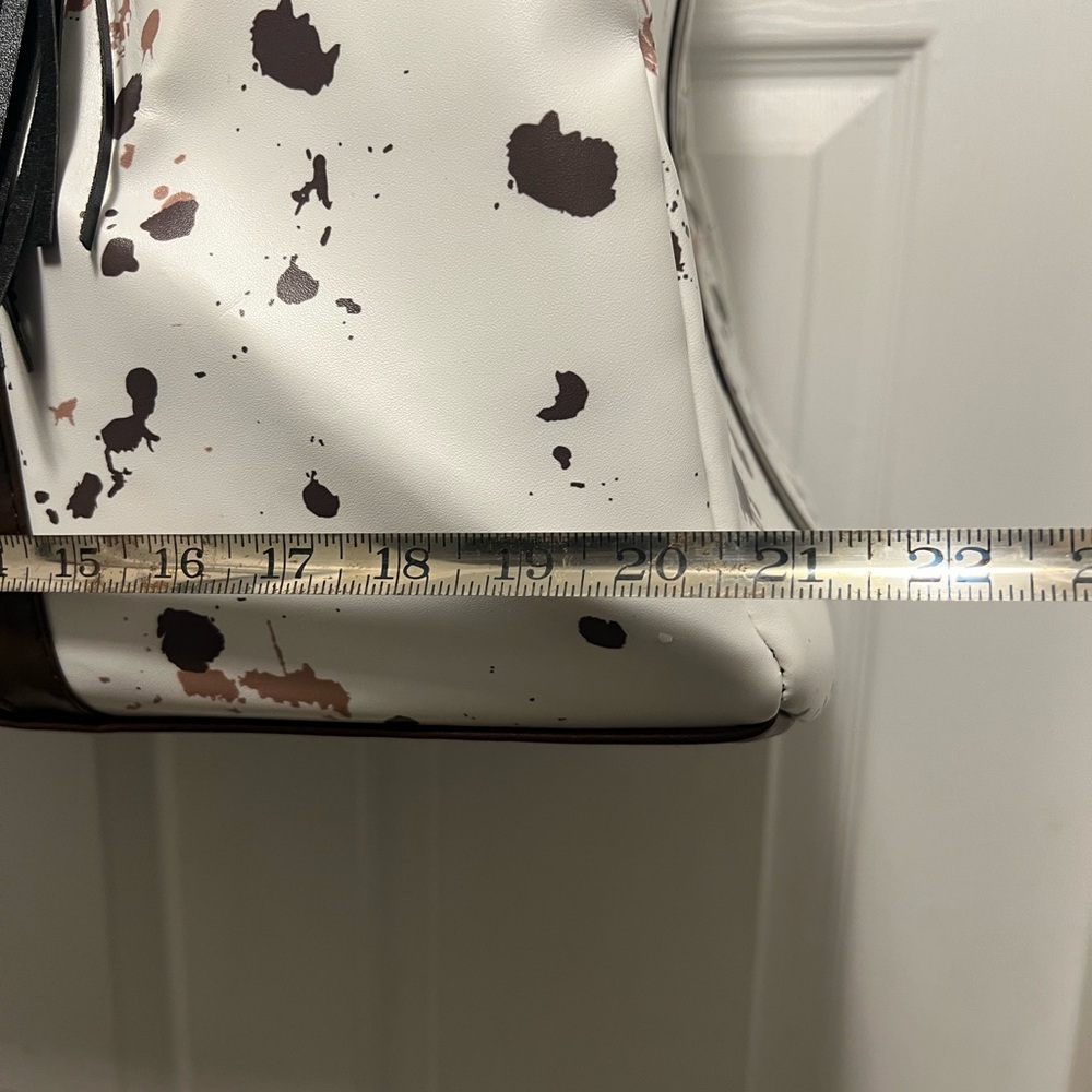 Stylish White and Brown Cow Print with Checkered insert Women's Bag - Picture 2 of 7